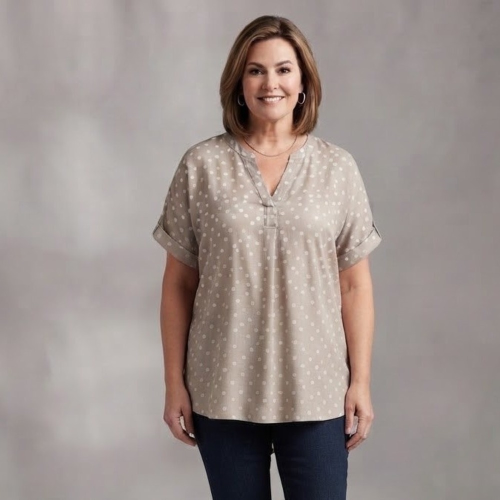 Rachel Roy Polka Dot Blouse Womens XXXL Tan Tunic Top Neutral Earthy Career Work